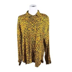 Cafe Womens Yellow Leopard Print Rayon Button Down Shirt Long Sleeve Size 2 USA